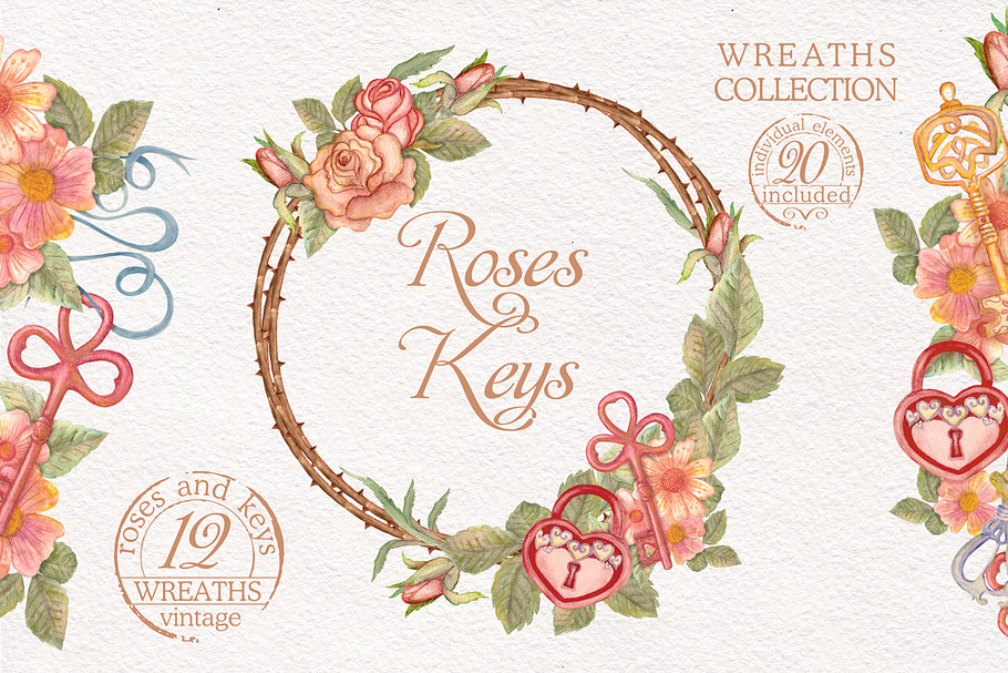 Watercolor wreaths set. Roses & keys in Illustrations - product preview 8