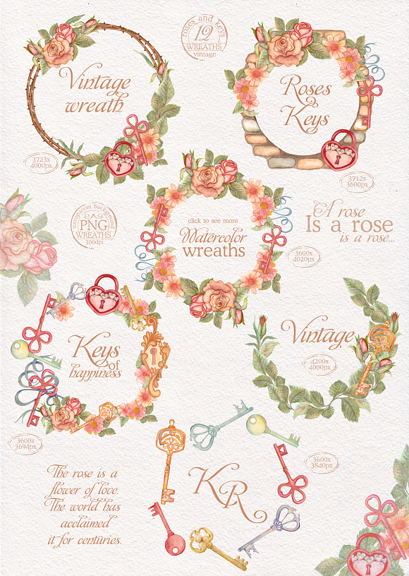 Watercolor wreaths set. Roses & keys in Illustrations - product preview 1