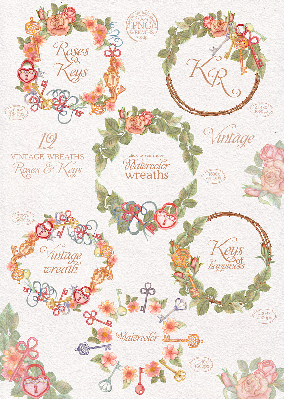Watercolor wreaths set. Roses & keys in Illustrations - product preview 2