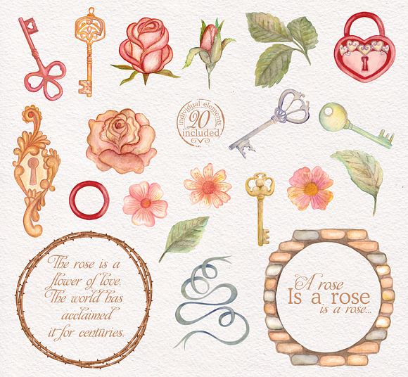 Watercolor wreaths set. Roses & keys in Illustrations - product preview 3