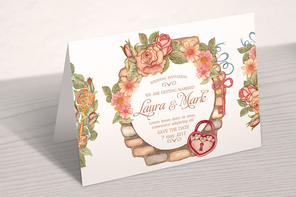Watercolor wreaths set. Roses & keys in Illustrations - product preview 4
