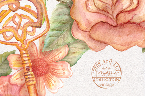 Watercolor wreaths set. Roses & keys in Illustrations - product preview 5