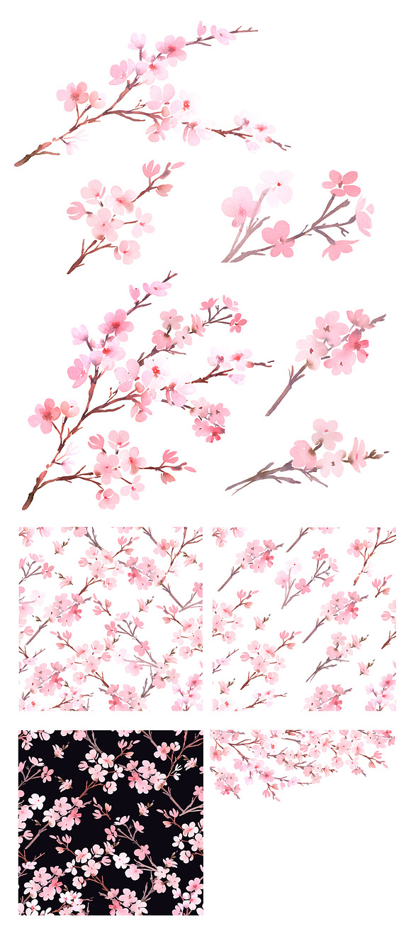 Pink blossom watercolor bundle in Illustrations - product preview 1