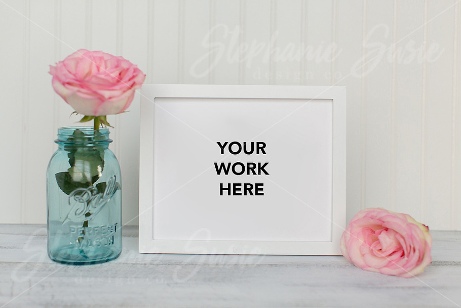 White Fram & Pink Rose Styled Photo in Product Mockups - product preview 8