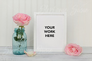 White Frame & Pink Rose Styled Photo