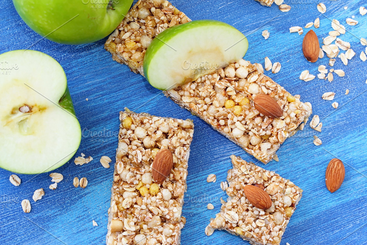 Cereal bars of granola with apples, nuts and honey in Illustrations - product preview 8