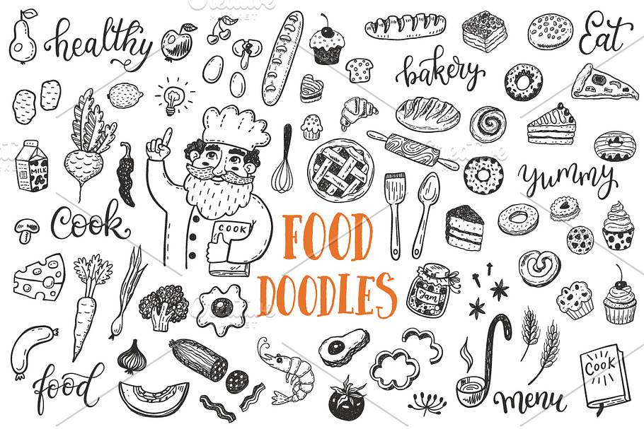 Food dooles set + patterns in Illustrations - product preview 8