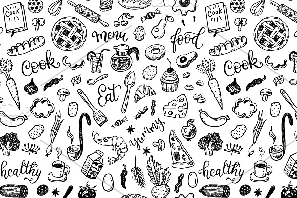 Food dooles set + patterns in Illustrations - product preview 3