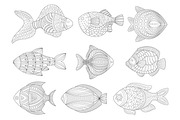Tropical Fish Set Adult Zentangle Coloring Book Illustration