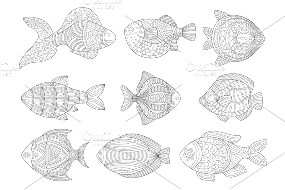 Tropical Fish Set Adult Zentangle Coloring Book Illustration in Illustrations - product preview 8