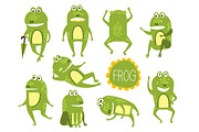 Frog Cute Character In Different Poses Childish Stickers