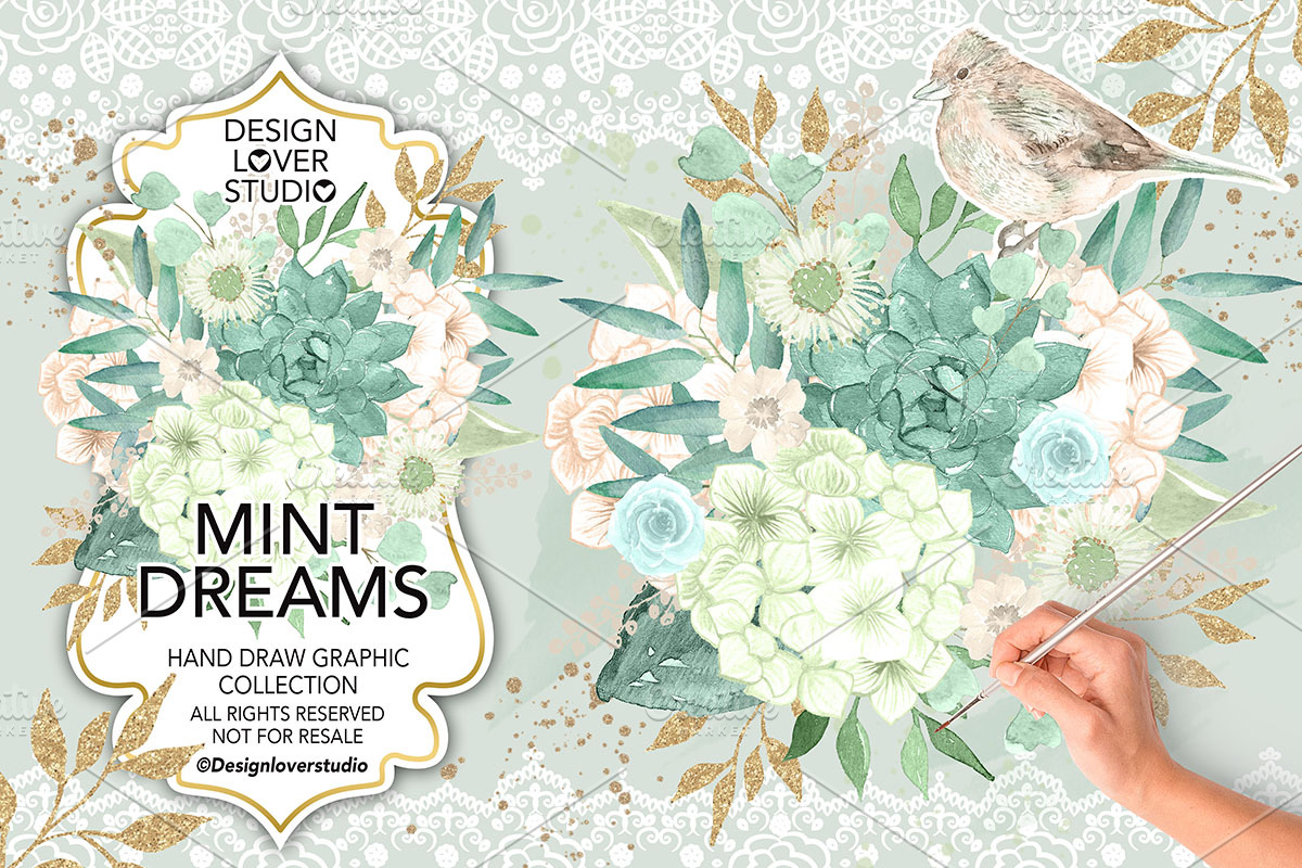 Watercolor Mint Dreams design in Illustrations - product preview 8