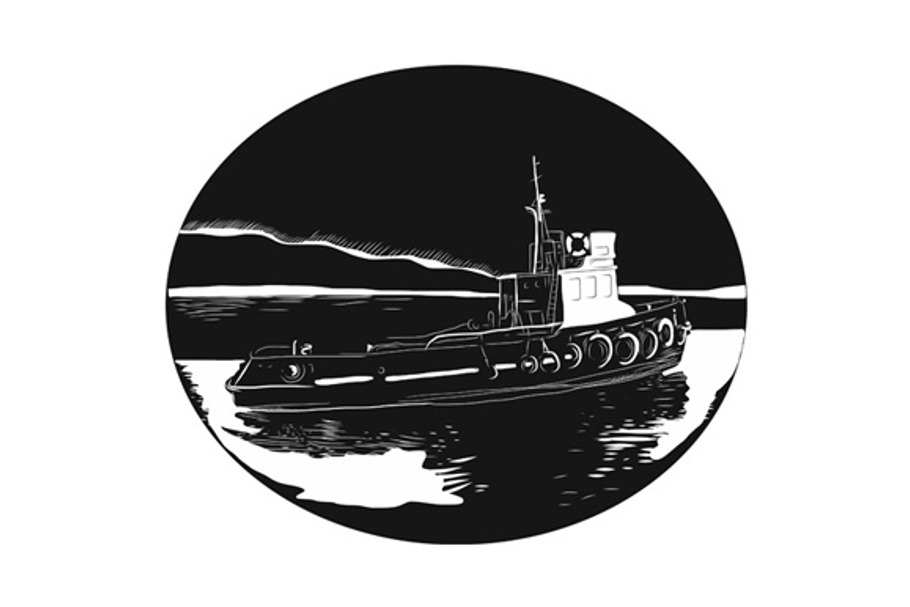 River Tugboat Oval Woodcut in Illustrations - product preview 8