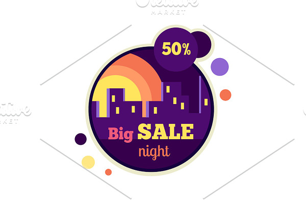 Big Night Sale Round Banner. 50 Percent Off