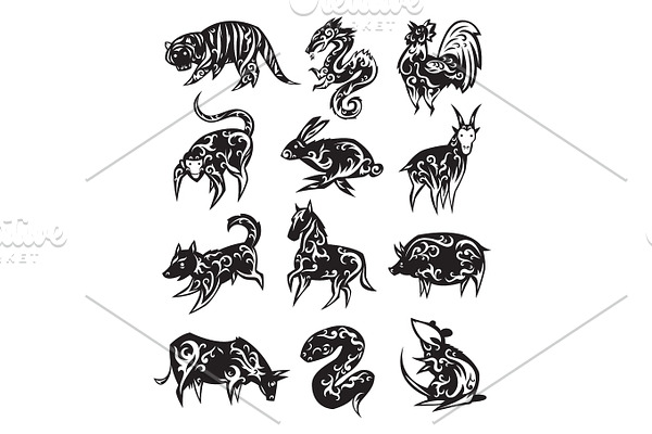 Chinese zodiac eastern calendar black symbols vector illustrations.