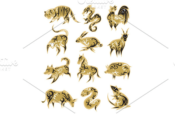 Chinese zodiac symbols eastern calendar signs vector illustrations.