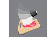 chopping cutting board with meat and a knife for slicing on the gray background