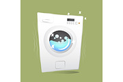 red washing machine in flat style. isolated on blue background. modern vector illustration