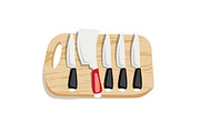 Set of kitchen knives on a board, top view