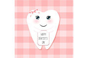 Cute greeting card Happy Dentist Day as funny smiling cartoon character of tooth