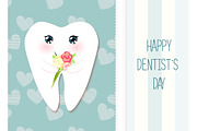 Cute greeting card Happy Dentist Day as funny smiling cartoon character of tooth with golden glitter crown