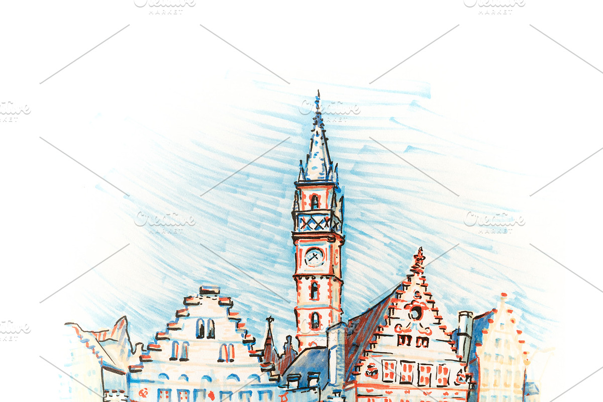Scenic city view of Ghent with beautiful houses in Illustrations - product preview 8