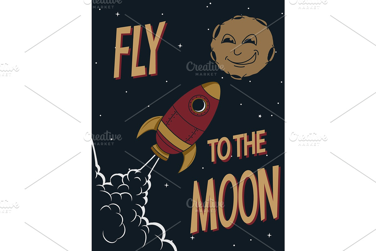 Retro poster.Funny rocket fly to the smiling moon in Illustrations - product preview 8