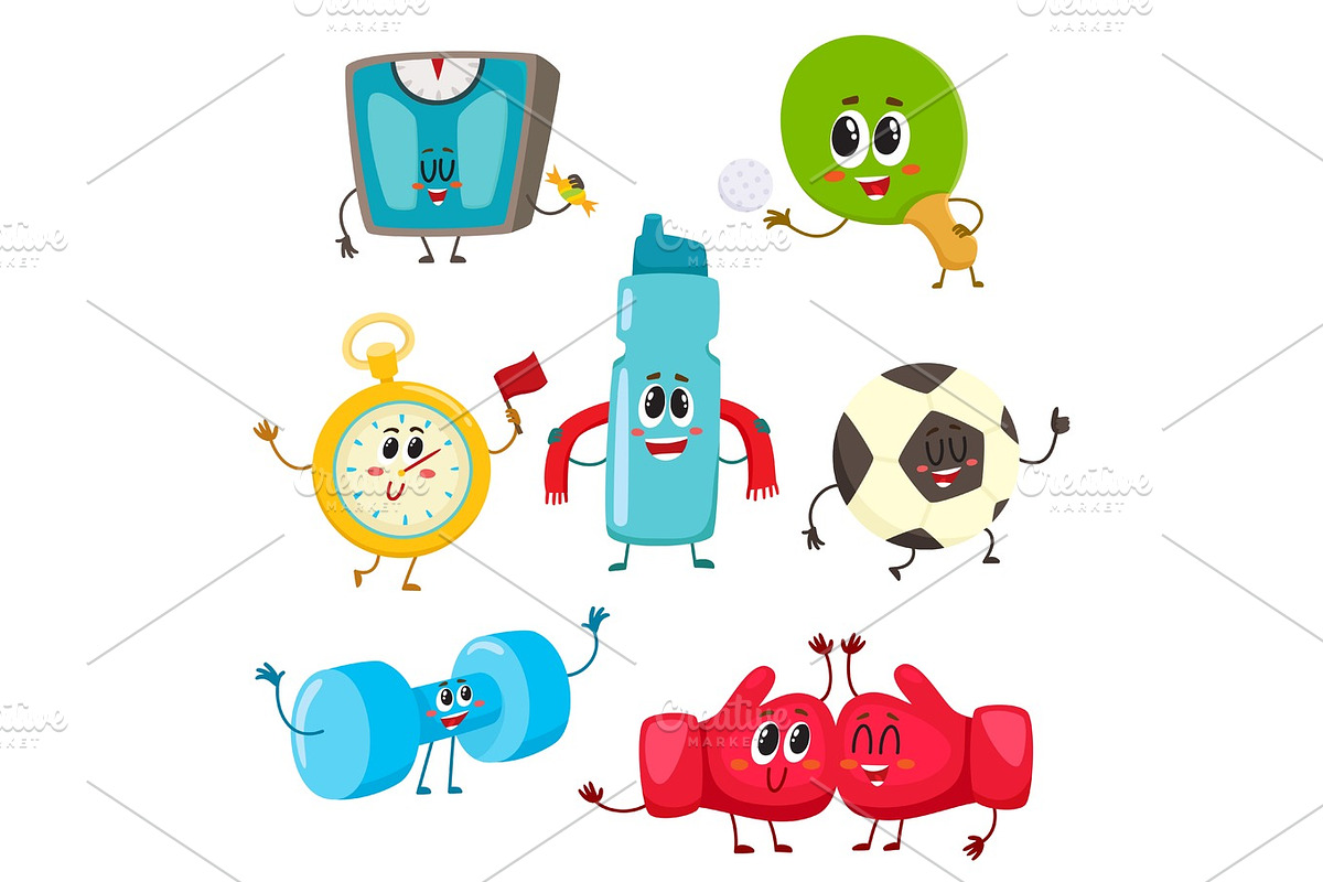 Set of funny sports equipment characters, cartoon illustration in Illustrations - product preview 8