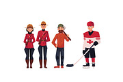 Canadian policeman in traditional uniform, lumberjack and hockey player