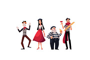 French people, mimes holding cheese, baguette, wine, symbols of France