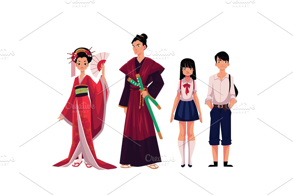 Japanese people - geisha and samurai, typical schoolgirl, schoolboy in Illustrations - product preview 8