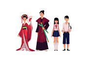 Japanese people - geisha and samurai, typical schoolgirl, schoolboy