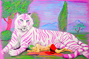 Painting gouache. Pink tiger lying on the grass next to him lies and sleeps naked girl