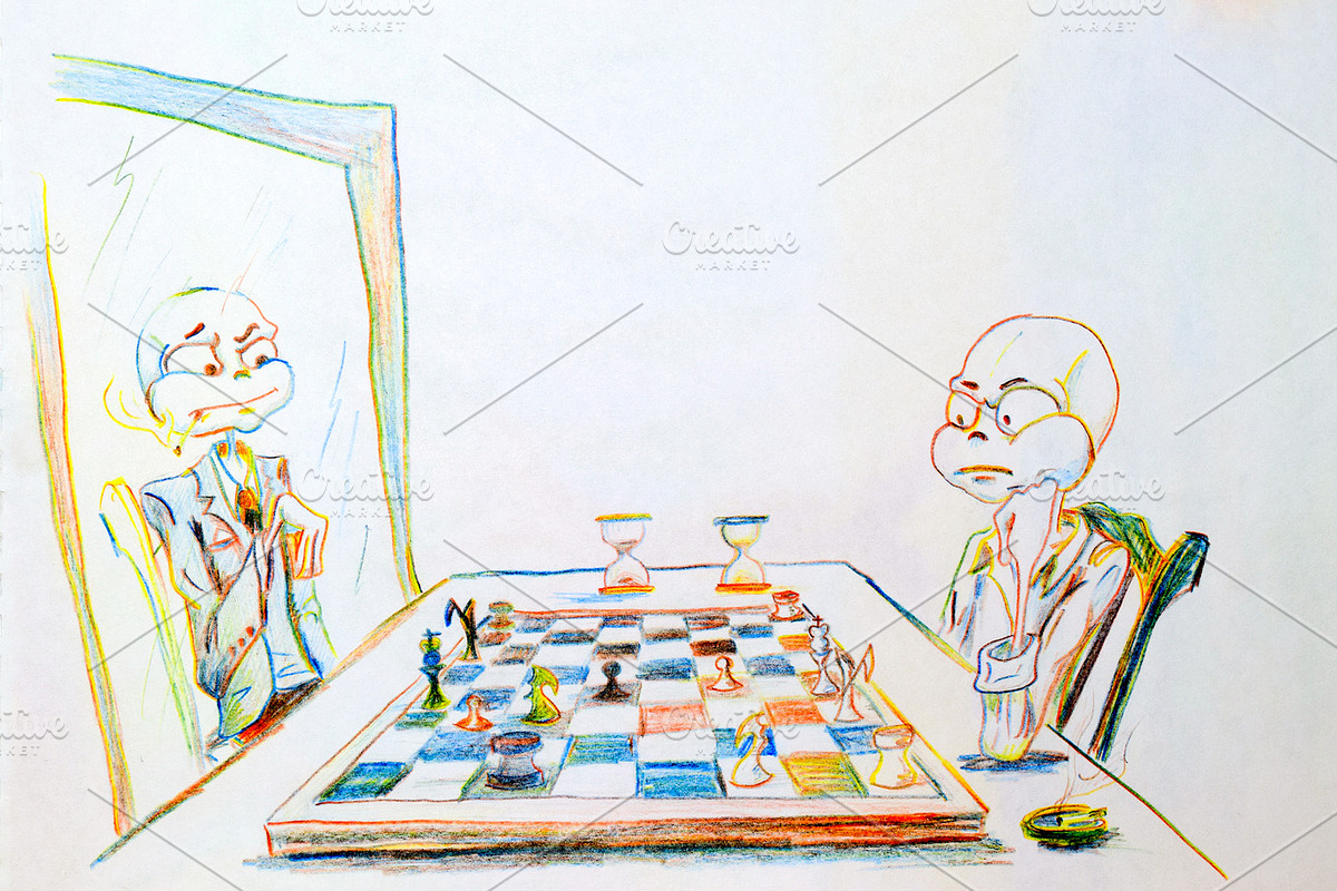 Dystrophic with a big head playing chess with himself in the mirror. loneliness symbol in Illustrations - product preview 8