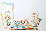 Dystrophic with a big head playing chess with himself in the mirror. loneliness symbol