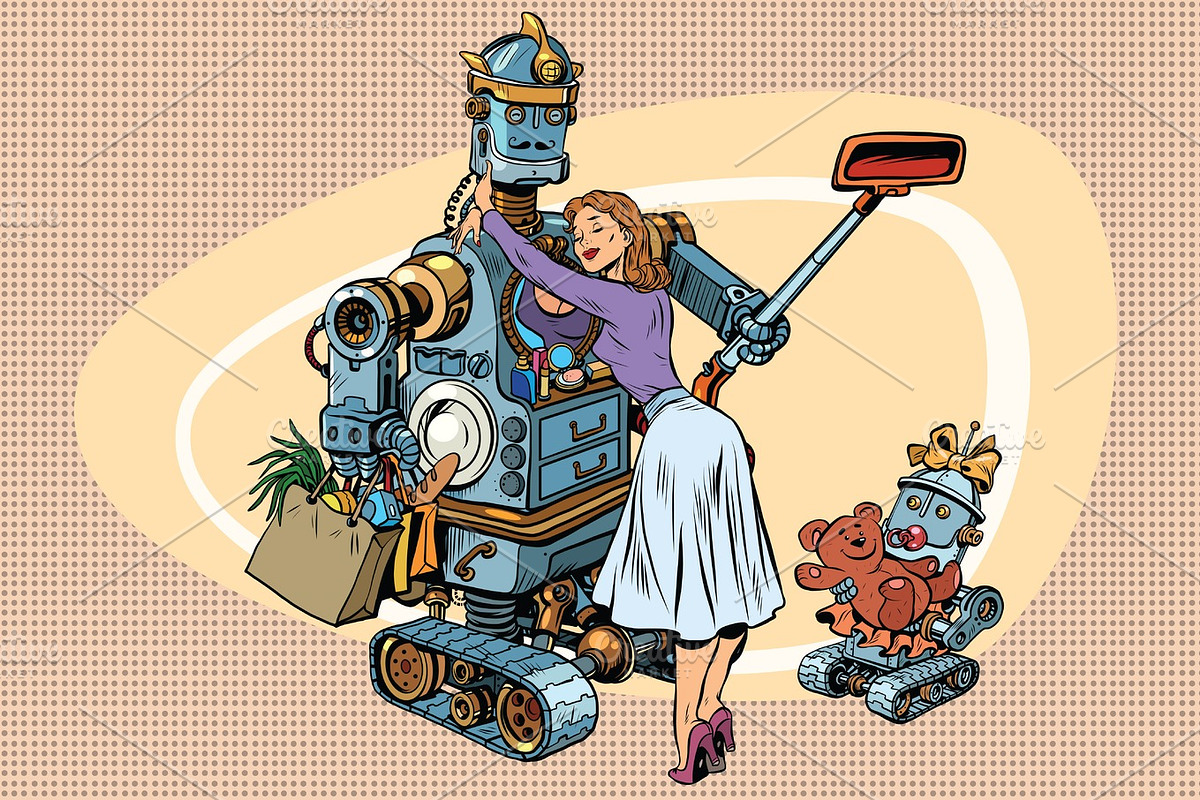 Vintage retro family, dad robot wife and child in Illustrations - product preview 8