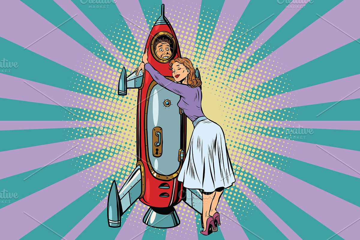 Wife hugs her husband astronaut in the rocket in Illustrations - product preview 8