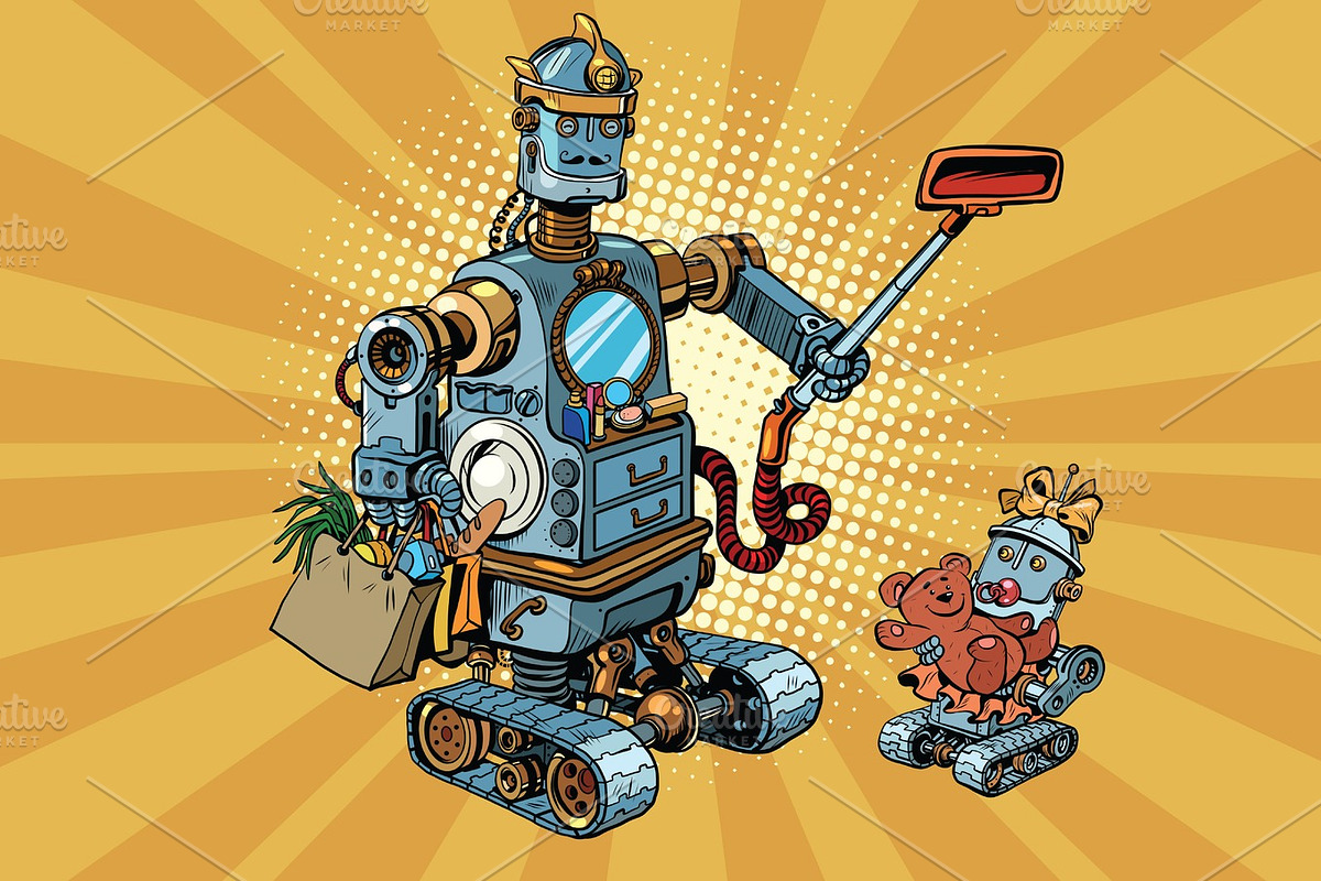 Family retro robots dad and baby in Illustrations - product preview 8