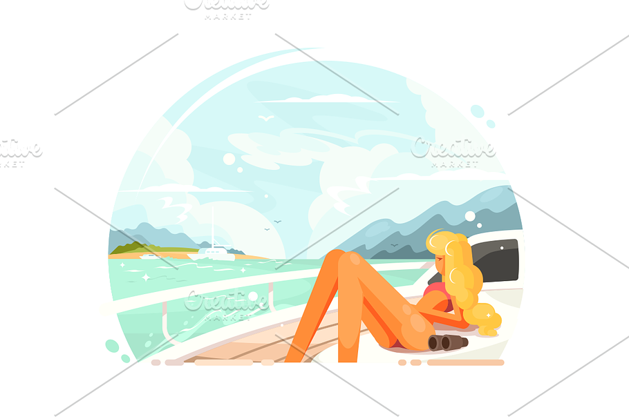 Blond girl relaxing on yacht in Illustrations - product preview 8