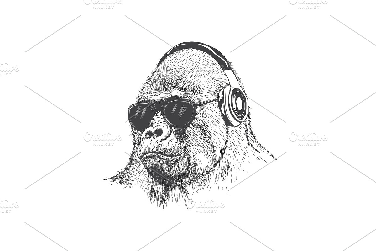 Monkey music fan hand drawn vector in Illustrations - product preview 8