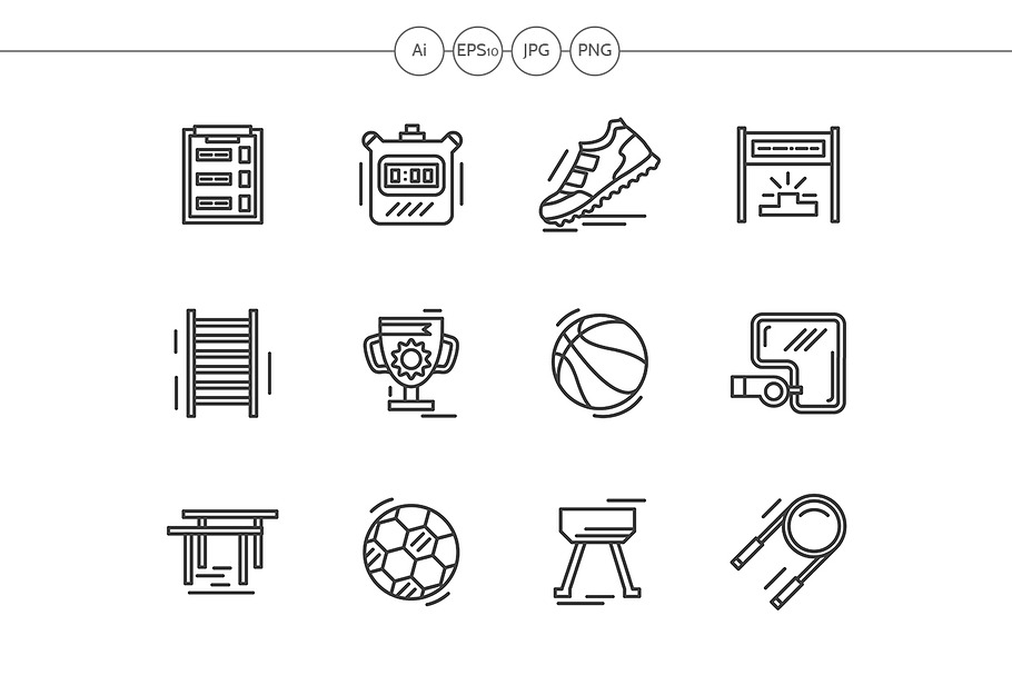 Sport equipment black line icons set in Icons - product preview 8