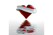 Flying red chopped heart with the white ribbon over lake water reflection. Copyspace for text Valentines day 3d illustration