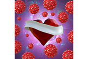 Flying red chopped heart with the white ribbon and the molecular spheres around. Copyspace for text Valentines day 3d illustration