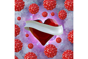Flying red chopped heart with the white ribbon and the molecular spheres around. Copyspace for text Valentines day 3d illustration
