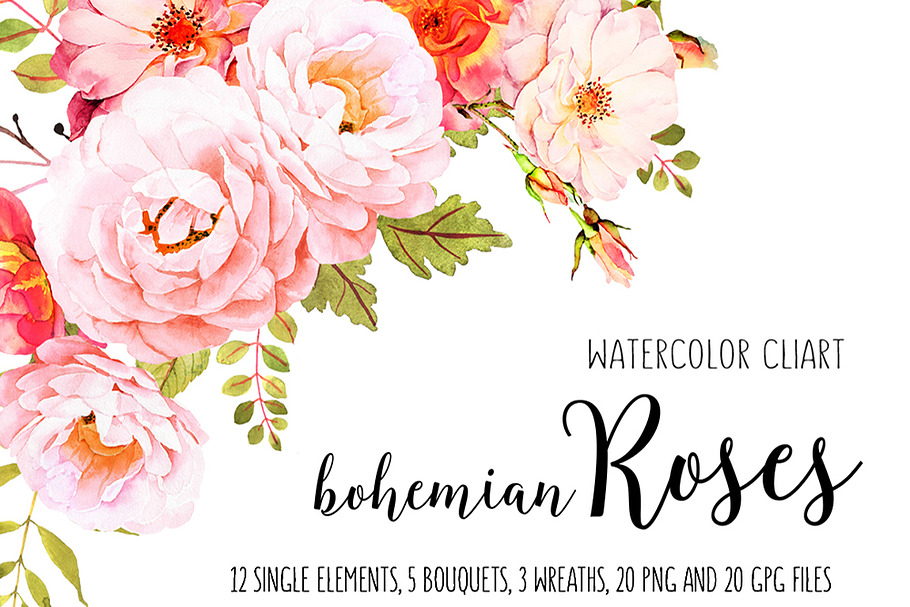 Roses watercolor boho clip art in Illustrations - product preview 8