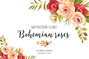 Roses watercolor boho clip art