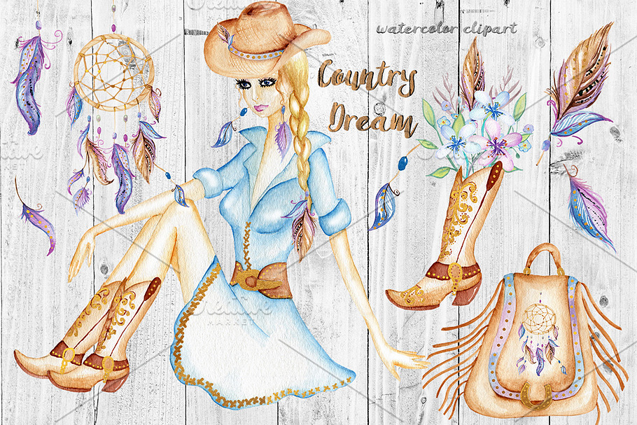Watercolor Western Clipart. Cowgirl.