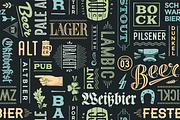 Seamless pattern with types of beer and hand drawn lettering