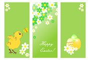 Set of cute Easter cards with chicken, flowers and colored eggs.