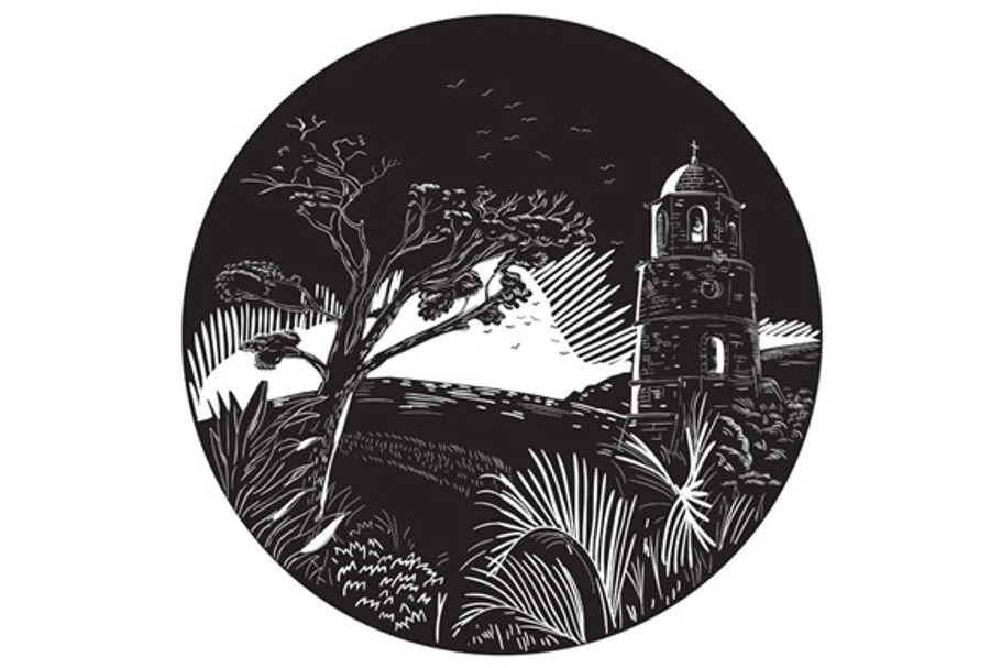Belfry Tower On Hill Trees Circle  in Illustrations - product preview 8